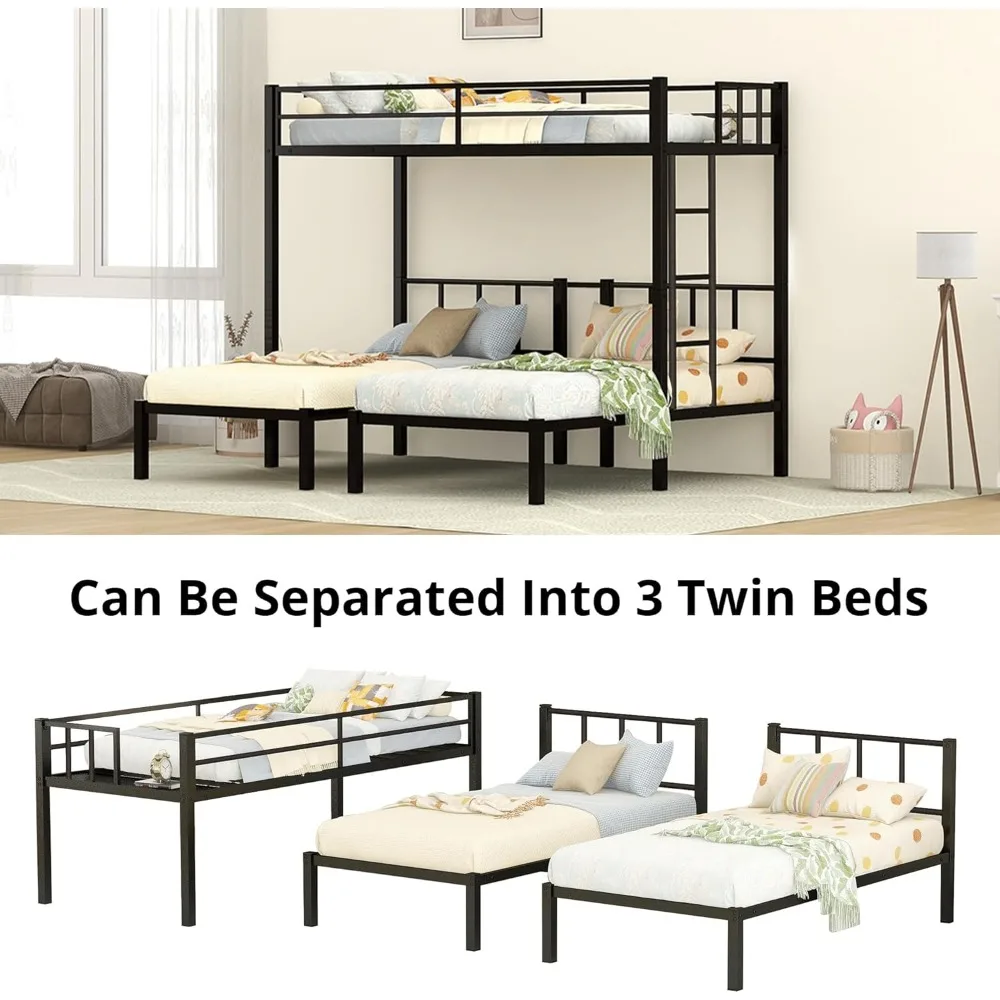 Triple Bunk Bed, Metal Twin Over Twin & Twin Bunk Beds for 3 with Guardrails, Ladder & Upper-Bed Platform,Detachable 3 Bunk Beds