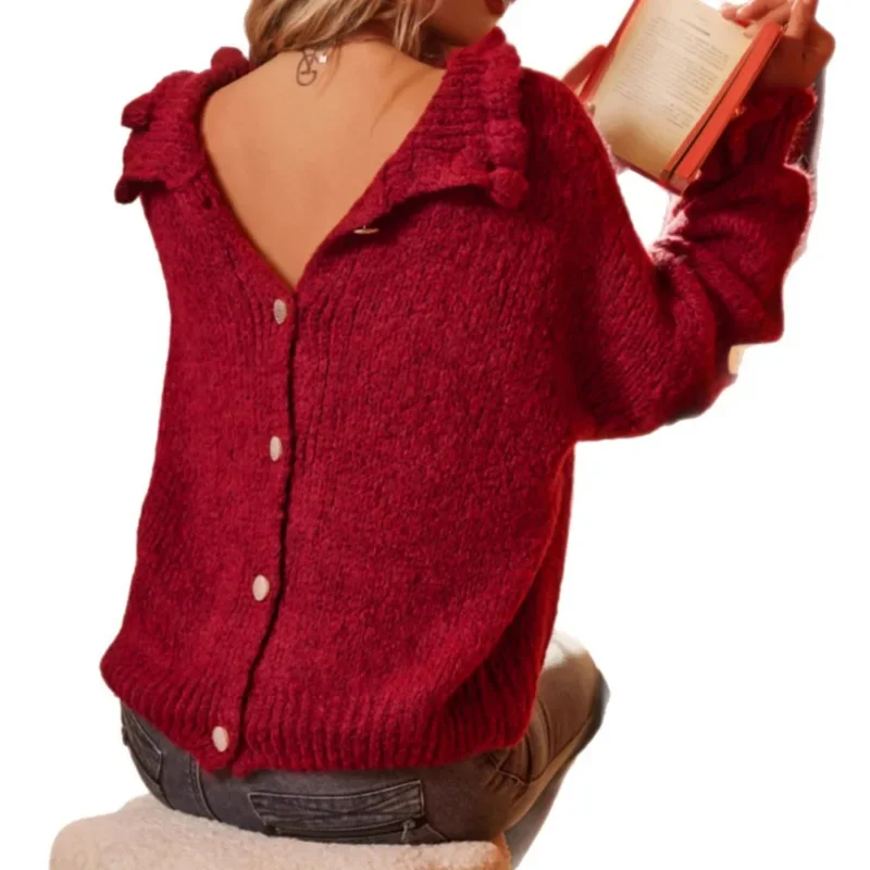 Dolcevita monopetto a maniche lunghe da donna moda casual cardigan maglione rosso top lavorato a maglia allentato per l'autunno