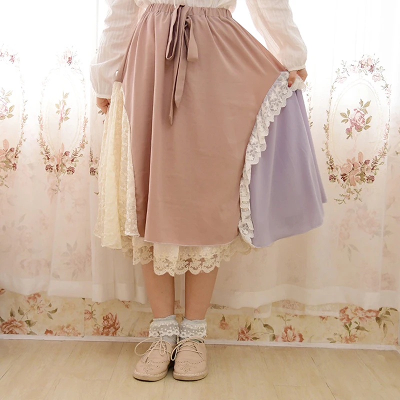 Japanese Harajuku Mori Girl Patchwork Skirt Women Clothing Ruffles Lace Layer Big Bow Retro Vestido Kawaii Princess Skirts A047