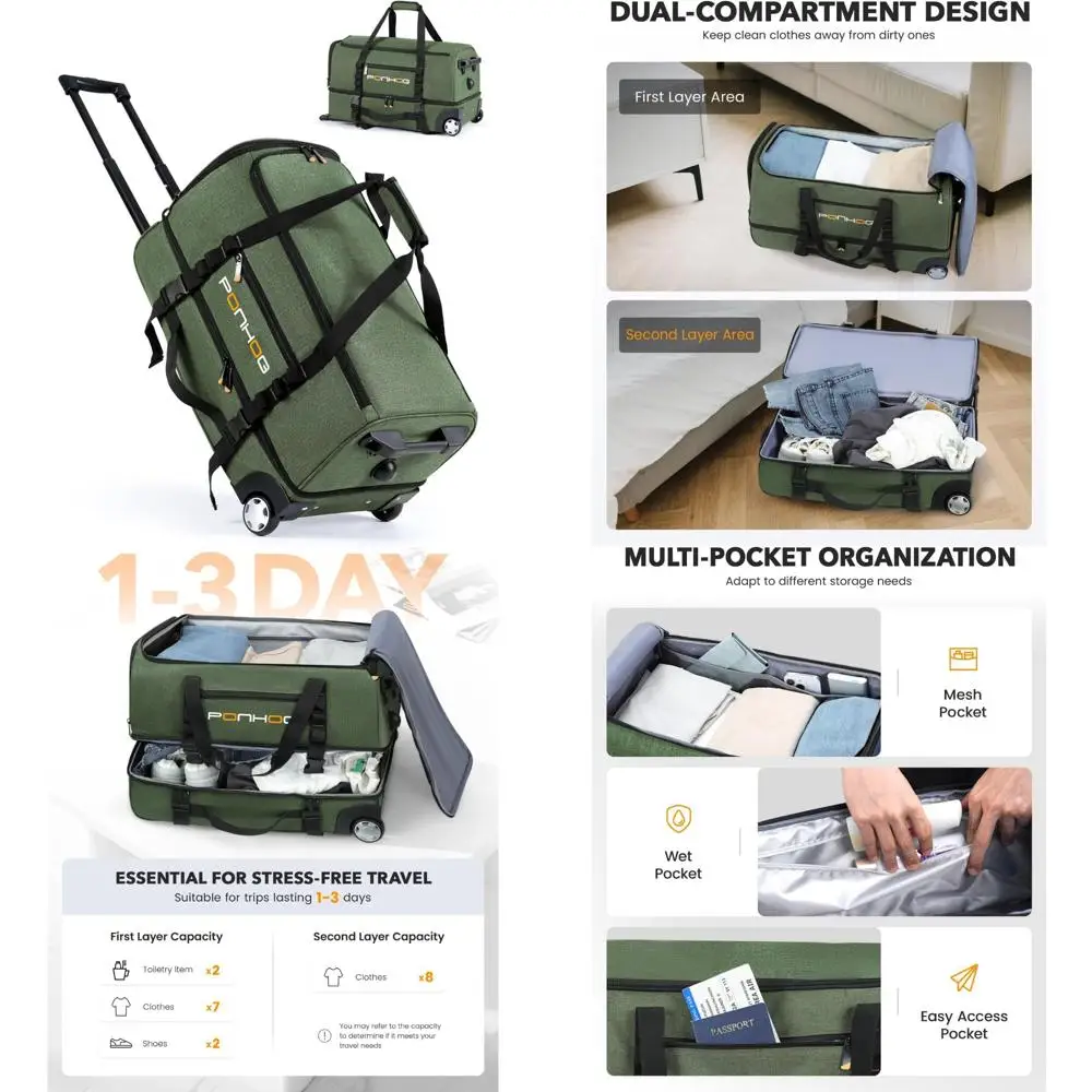 

Large Wheeled Duffle Bag with Shoe Pocket, Water-Resistant Travel Luggage for Men, Ideal for Weekend Getaways