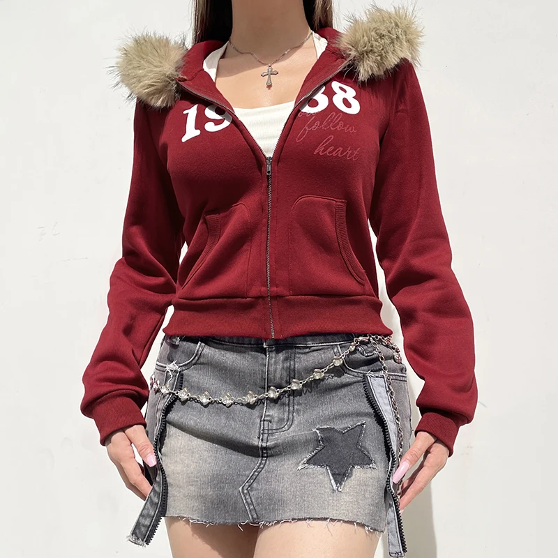 HEYounGIRL Y2K Fur Trim Hooded Sweatshirt Red Letter Print Zipper Coat with Pocket Women Streetwear Winter 90s Outwear Vintage