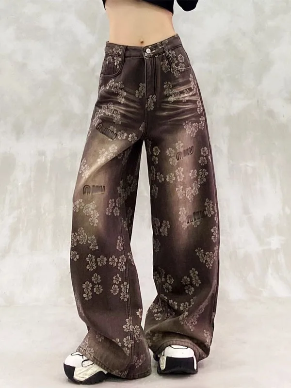 

Spring 2026 Faion Slimming High Waist Loose Casual Pants Denim Simple Printed Comfortable Daily Wear Blue High Waist Wide Leg