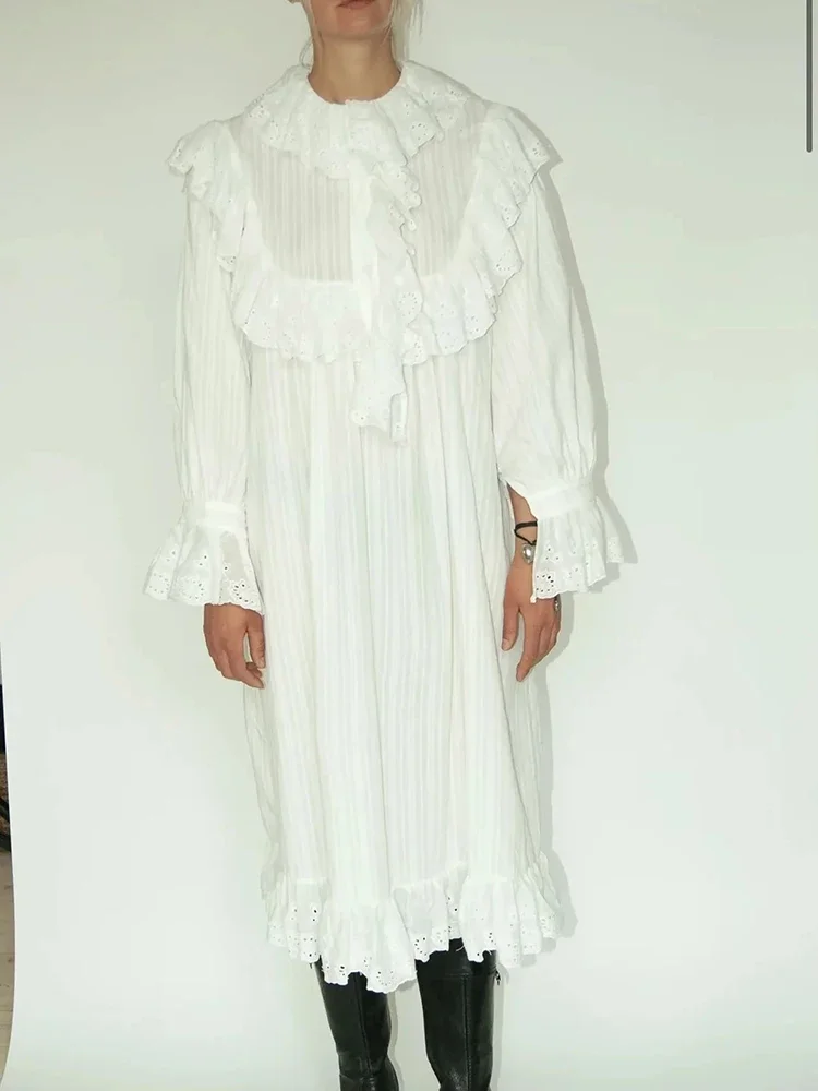 Gypsylady Elegant Chic Lace Maxi Dress White Cotton Autumn Spring Long Sleeve Women Dresses Loose Hollow Out Holiday Vestidos