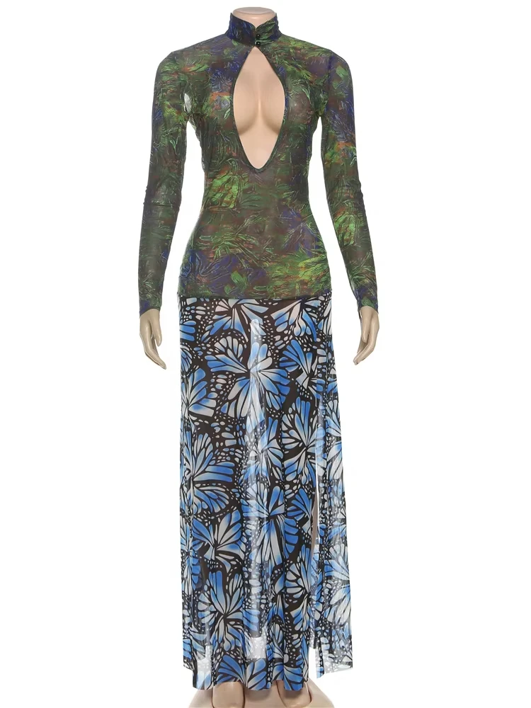 مثير جوفاء شبكة المرقعة فستان طويل المرأة زر الياقة المدورة كم كامل عالية سبليت Bodycon أنيقة فساتين راقية الشارع