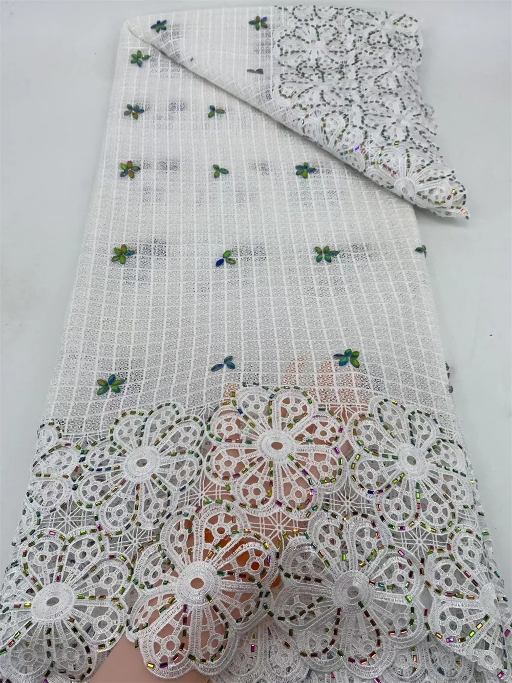 

New Arrivals White Fabrics Embroidered Lace Fabric High 5Yards Quality 2025 Gold Guipure Lace Fabric For Wedding Dresses A1232-1