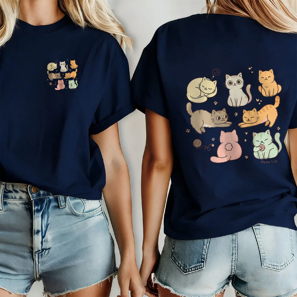 Women 8 Poses Cute Cartoon Kitten Group Print T Shirt Lovely Multicolor Sleeping Playing Cat Tee Casual Cotton Pet Cat Lover Top