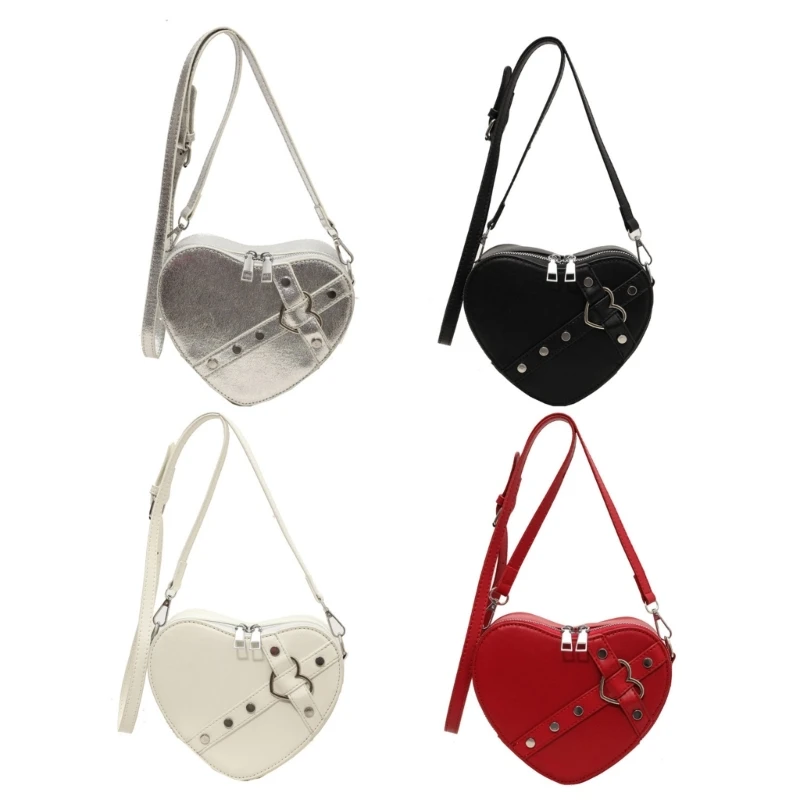 E74B Modern Rivet Heart Crossbody Handbag PU Leather Shoulder Bag with Adjustable Strap for Fashion Forward Women