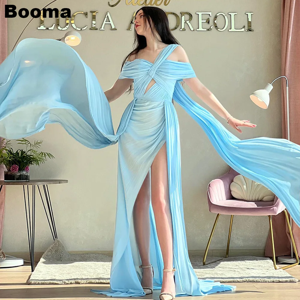 Booma Off Shoulder Chiffon Mermaid Prom Dresses High Side Slit Pleat Cape Women's Evening Dresses Special Occasion Gowns vestido