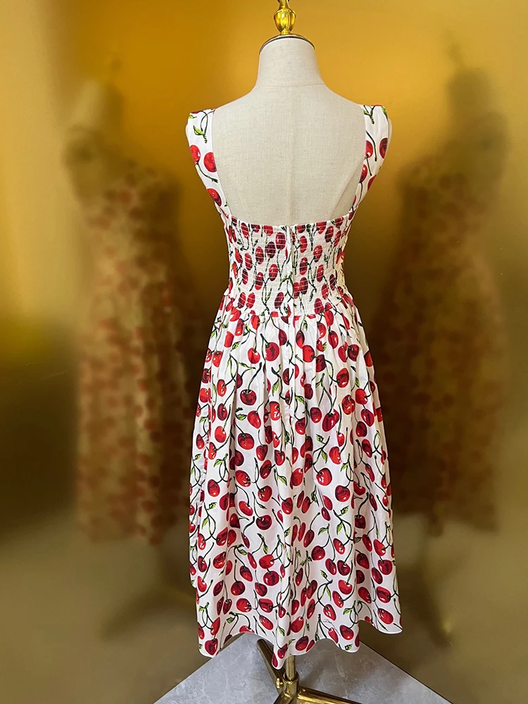 Women Party Vacation Dress Summer Spaghetti Strap Back Hollow Out Cherry Printing Empire Expansion Vestidos Beach Wear