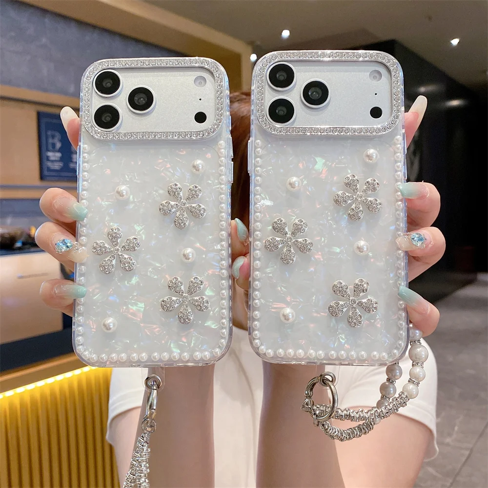 Luxury Fairy Glitter Rhinestone Flower Phone Case for 17 Pro Max Coquette Pearl Hand Strap Protective Cover for iPhone 16 15 14