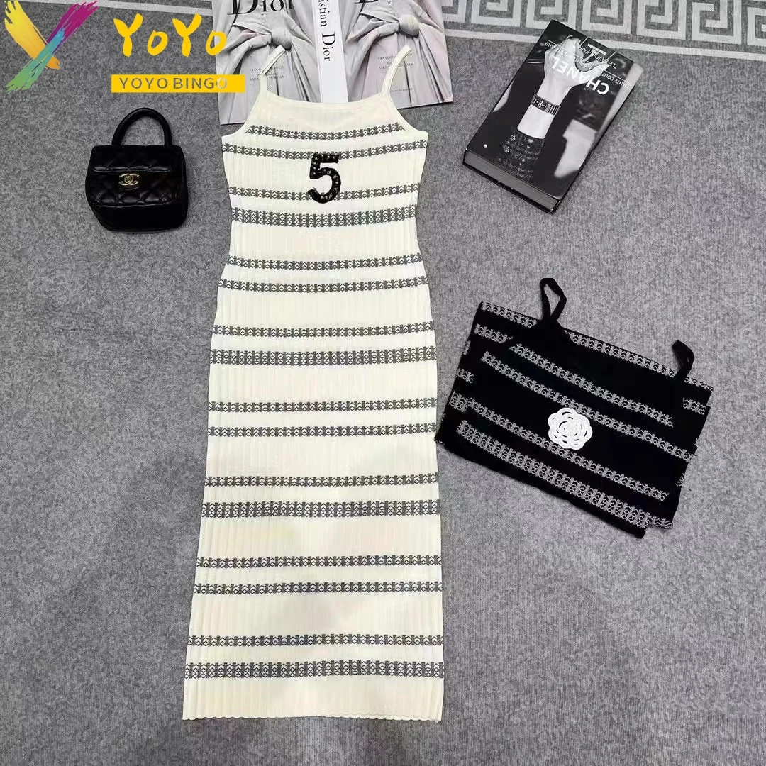 Elegant Knit Striped Embroidered Spaghetti Strap Dress 2024 Summer Fashion Temperament Elastic Soft Slim Bodycon Party Dress