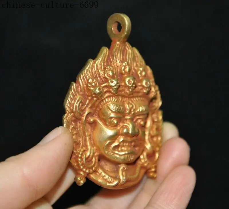 Tibetan Bronze 24K Gold Mahakala Wrathful Deity Buddha Statue Amulet Pendant