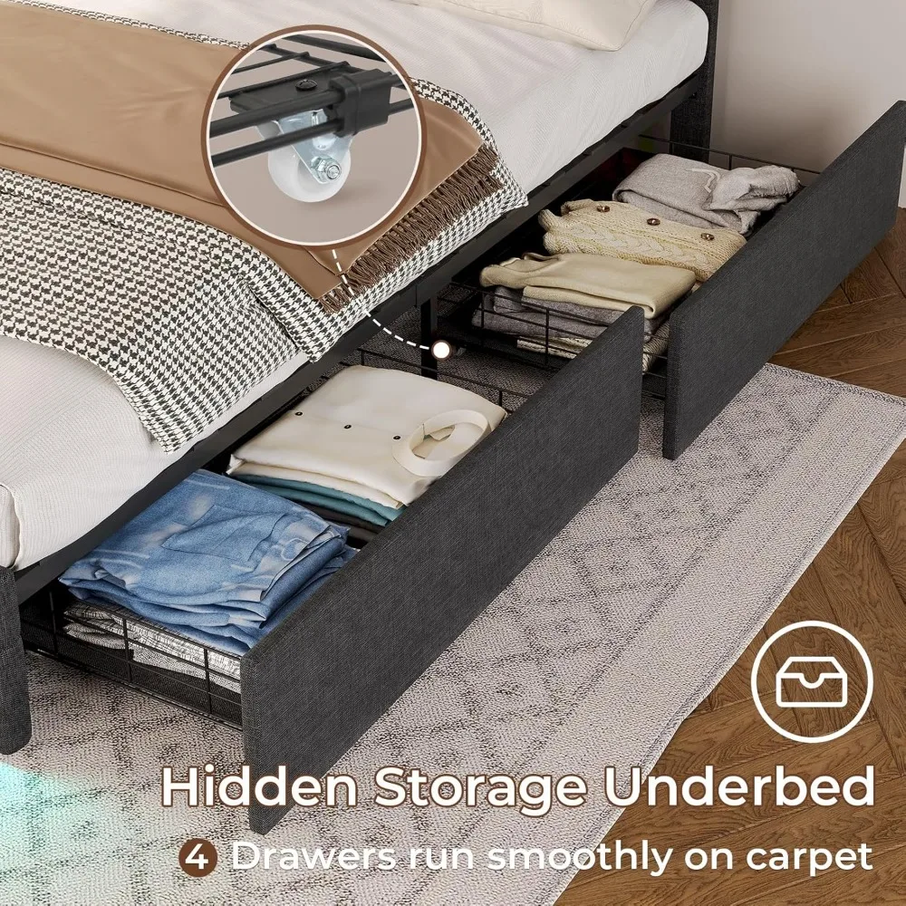 LED Full Size Bed Frame, LED Lights Headboard Footboard, Square Stitched Button Tufted Design, Upholstered Platform Bed Frame