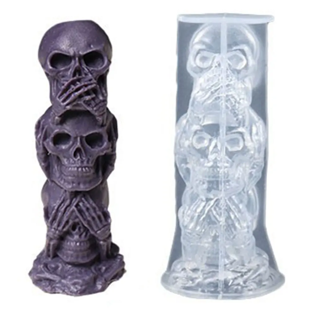 Horror Series Triple Skull Candle Silicone Mold Skeleton Soap Resin Plaster Mould Halloween Party Chocolate Decor Festival Gifts