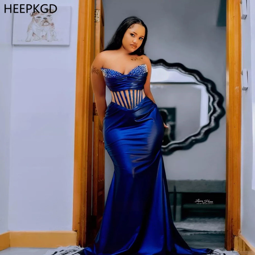 

Custom Made Royal Blue Mermaid Long 2025 Evening Dress Corset Illusion White Pearls Satin Shiny Special Occasion Gowns