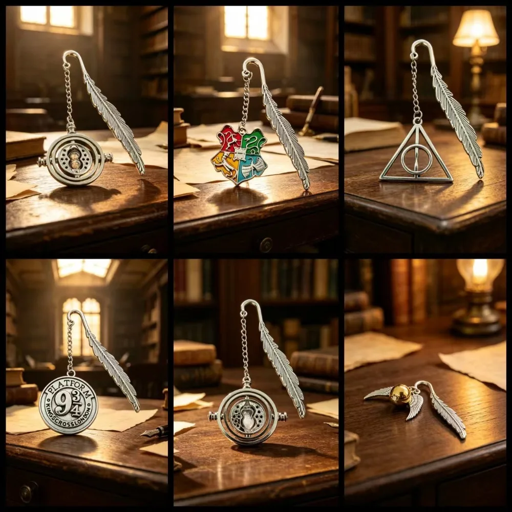 Nuevo marcapáginas exquisito de Harry Potter, Slytherin, con diseño de pluma dorada y colgante de la Pelota de Oro, animación de Gryffindor y Ravenclaw.