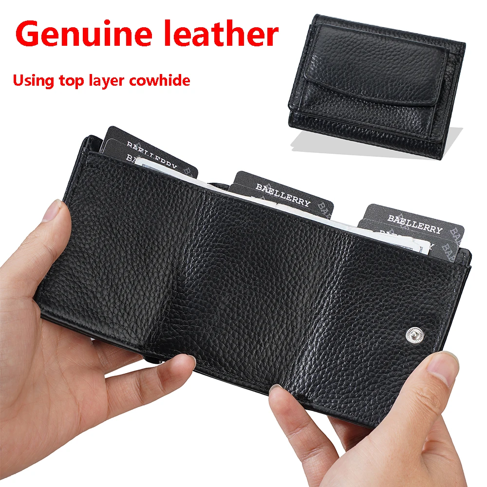 [First-Layer Cowhide] Women's Short Wallet, 6 Card Slots + Banknote Compartment + Coin Pocket, High-End Lychee Pattern Card Holder, Stylish Mini Wallet