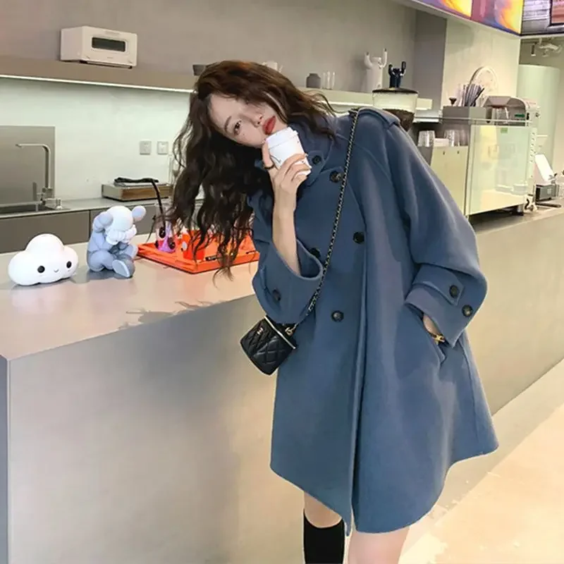 

Women's Double-Faced Woolen Coat Cowl Neck Thickened Winter Outerwear Korean Style Hepburn Style Short Size Polyester Fiber