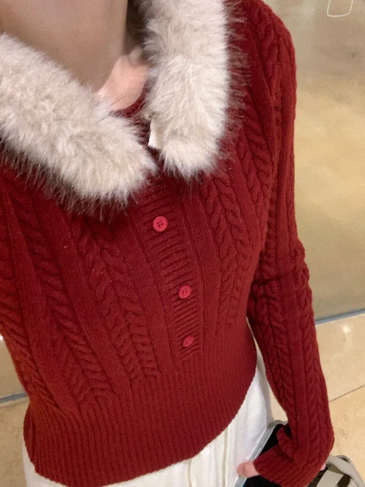 Red Fur Collar Spliced Long Sve Knitted Sweater Women's Slim Fit Cisas Top New Year's New Outfit Korean Sle Commute
