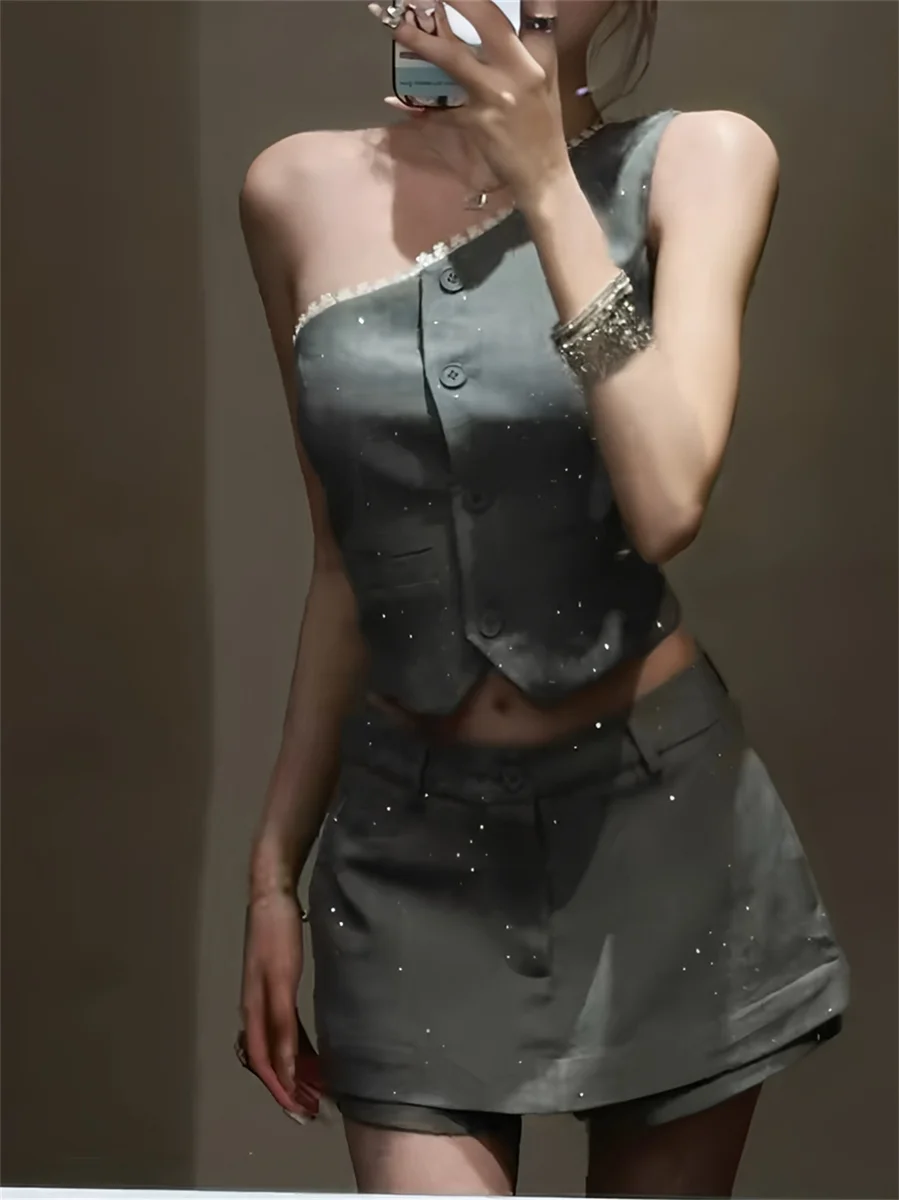 Heavy Duty Rhinestone Shoulder Suit Vest High Waist  Skirt Two Piece Set Women Summer Spicy Girl Outfit French Style Button