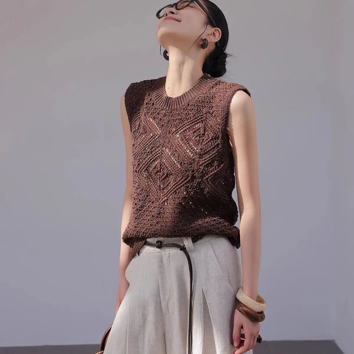 

Gagarich 2025 Round Neck Sleeveless Hollowed Out Sun Protection Vest Women Summer New Design Sense Layered Knitted Top