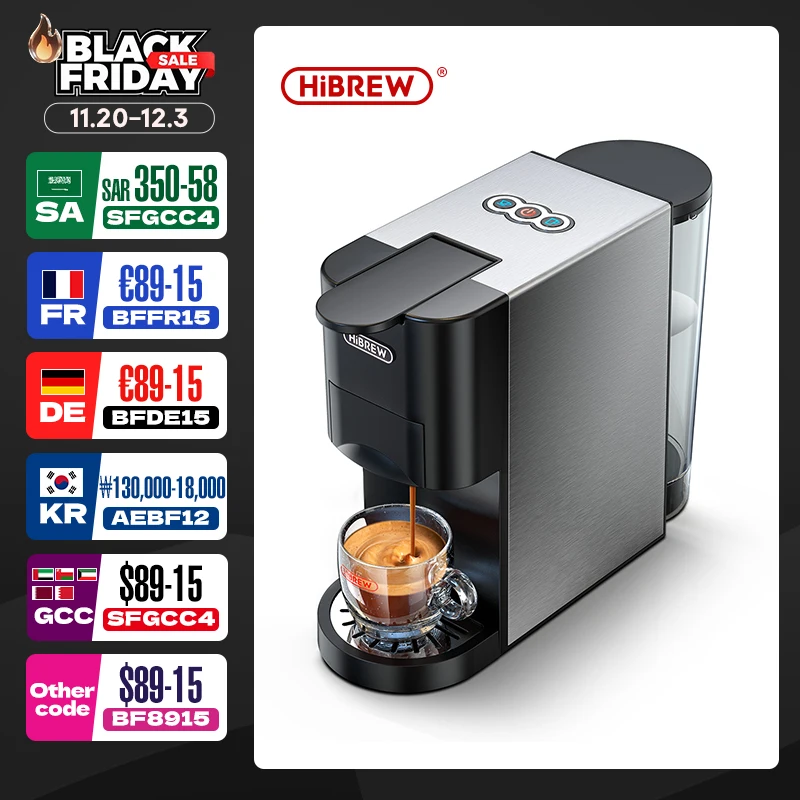 Máquina de café HiBREW 5 em 1, cápsula múltipla de café expresso Dolce Milk & Nespresso & ESE Pod & Powder Coffee Maker Metal inoxidável H3A