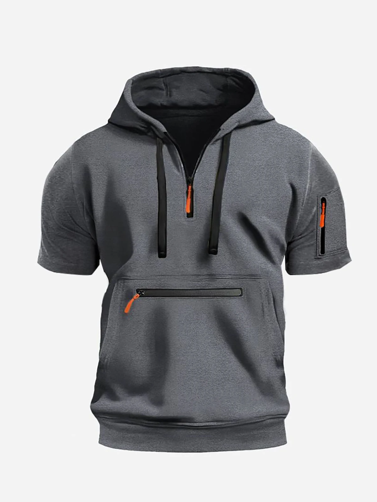 Men's Short Sleeve Hoodie Half Zip Multiple Zipper Pockets Pullover Casual Sports Daily Loose Top Outdoor New Fashion Sweatshirt