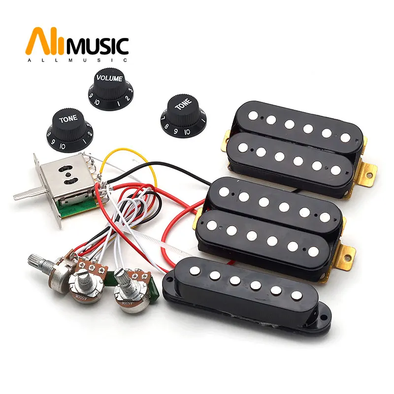 HSH Guitar Humbucker Pickups With 5-way Switch 500K Potentiometer 2T1V Wiring Harness Prewired Black/White/Yellow