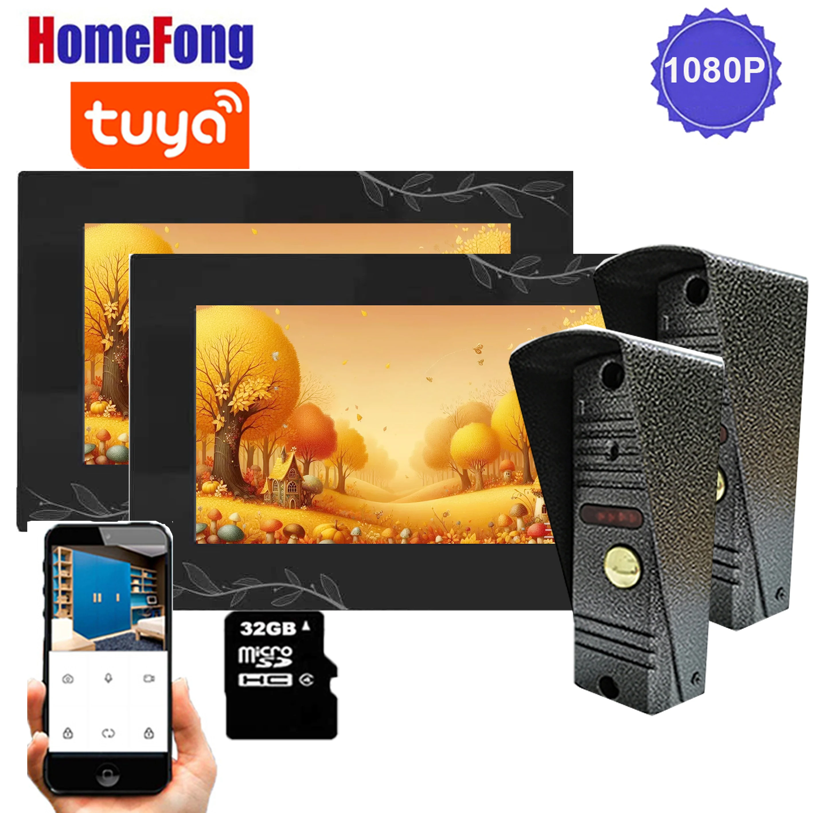 Homefong  7 inch Wifi Wireless Video Intercom Door Phone System Doorbell with Camera 2 Monitors  Tuya Smart 1080p IR Night Rain