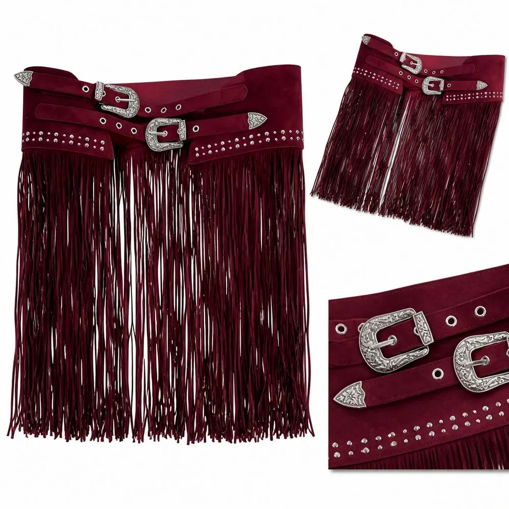 Fashion Soft Matte Look Western Waist Belt Suede Material Rivet Decor Fringe Waist Belt Extra Wide Boho Belt For Women