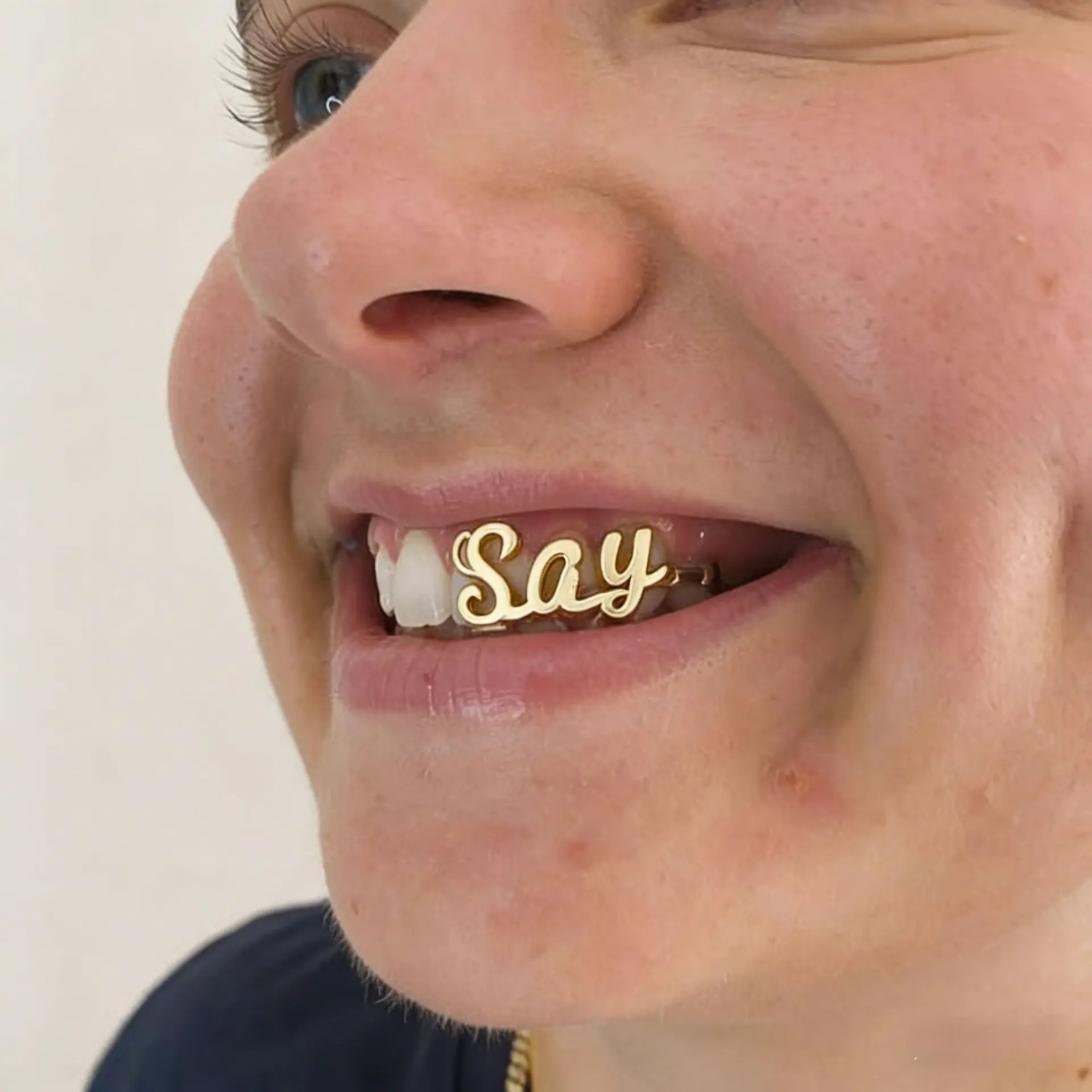 RACHELZ Vintage English Words Say Teeth Grillz Trend Glossy Tooth Caps For Unisex Jewelry Hip Hop Dental Grills