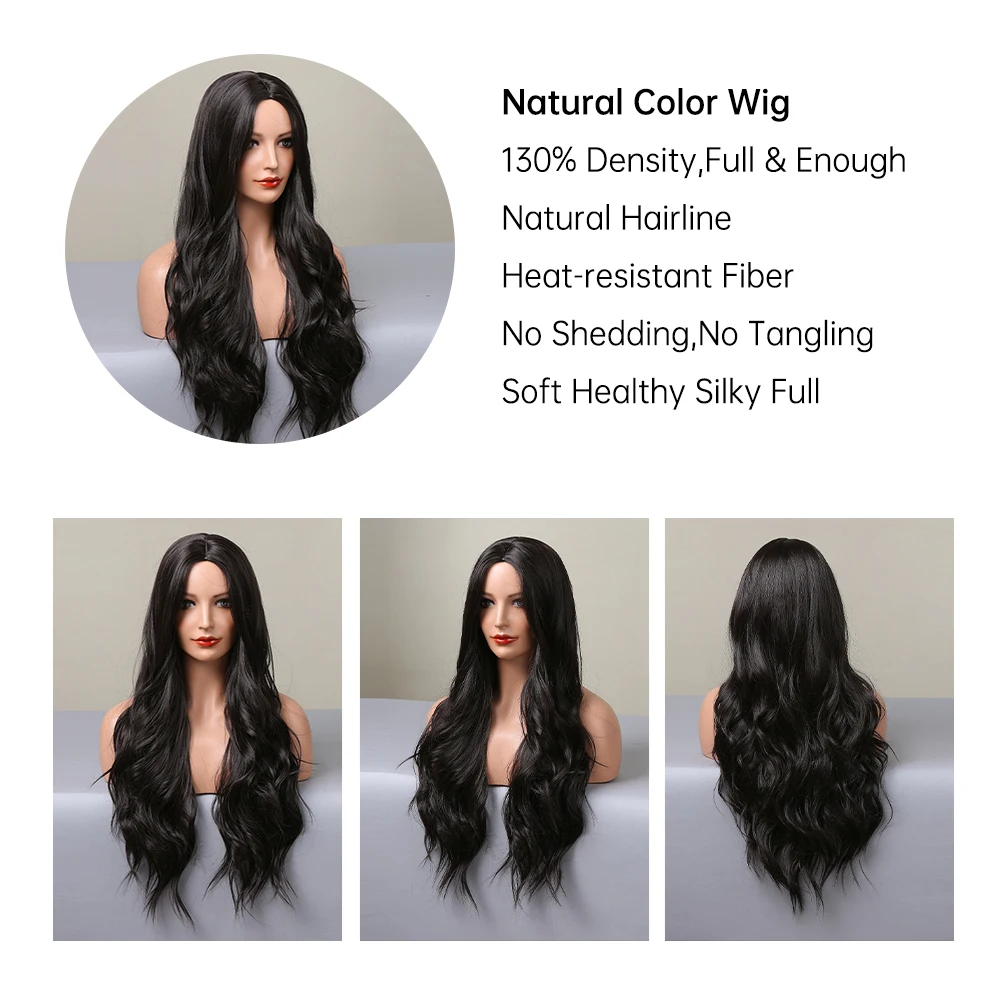 HENRY MARGU Long Black Brown Synthetic Wigs for Women Middle Part Wigs Natural Hair Wavy Wig Cosplay Heat Resistant Hair Wig