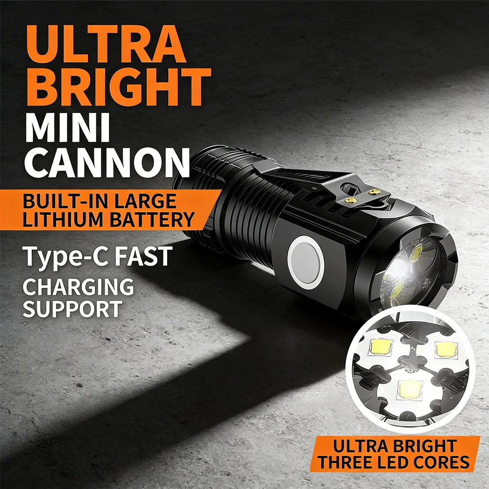 

Bright 3 LED Mini Flashlight - USB-C Fast Charge, Magnetic & Clip Design, IPX4 Water Resistant for Emergency & Outdoor Use
