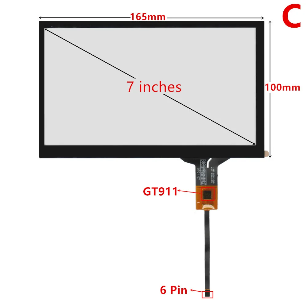 범용 정전식 디지타이저 터치 스크린 패널 유리, 자동차 DVD GPS 네비게이션 멀티미디어용, GT911 6 핀 IIC, 7 인치, 165mm * 100mm