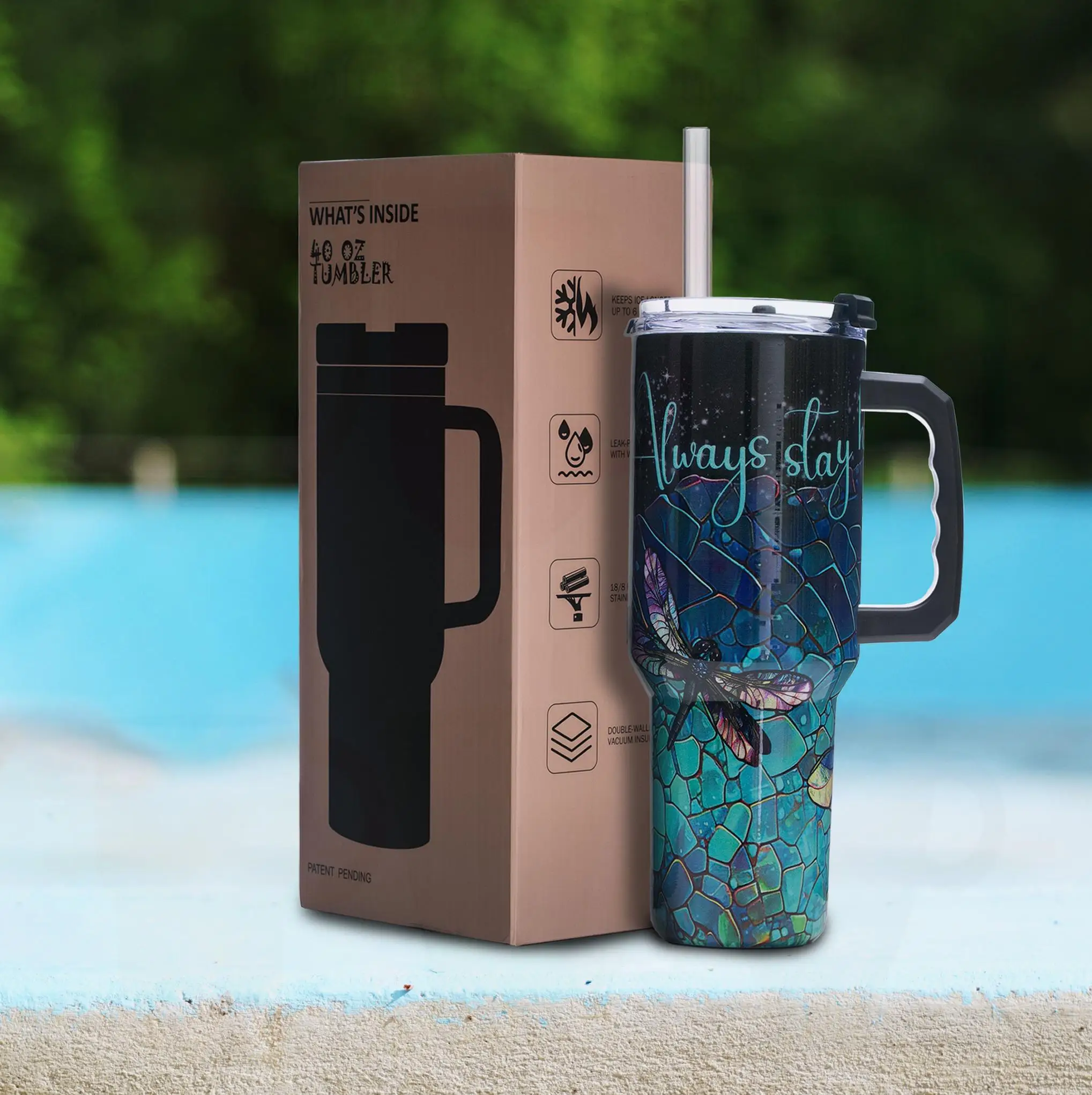 

Dragonfly 40oz Vacuum Tumbler, Stainless Steel with Handle, Flip Lid, Straw, Wide Opening and Non-Slip Base, Gift for Grandma