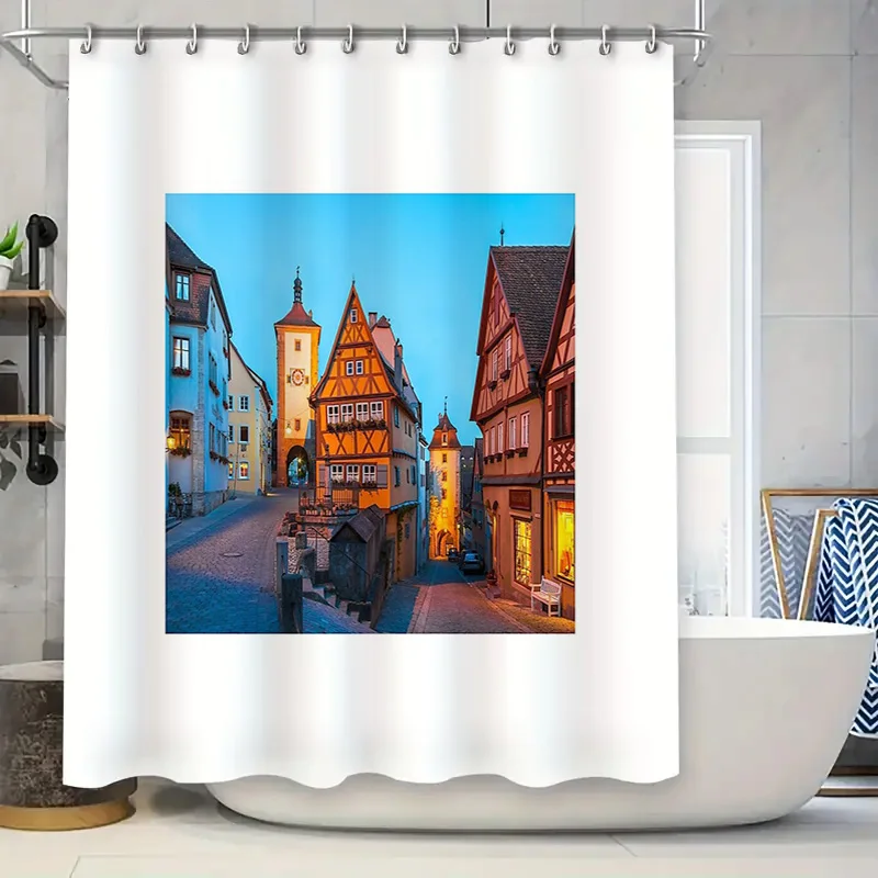Vintage German Townscape Shower Curtain Gothic Medieval Cityscape Tapestry Bathroom Decor Wall Hanging Artistic Home Decor
