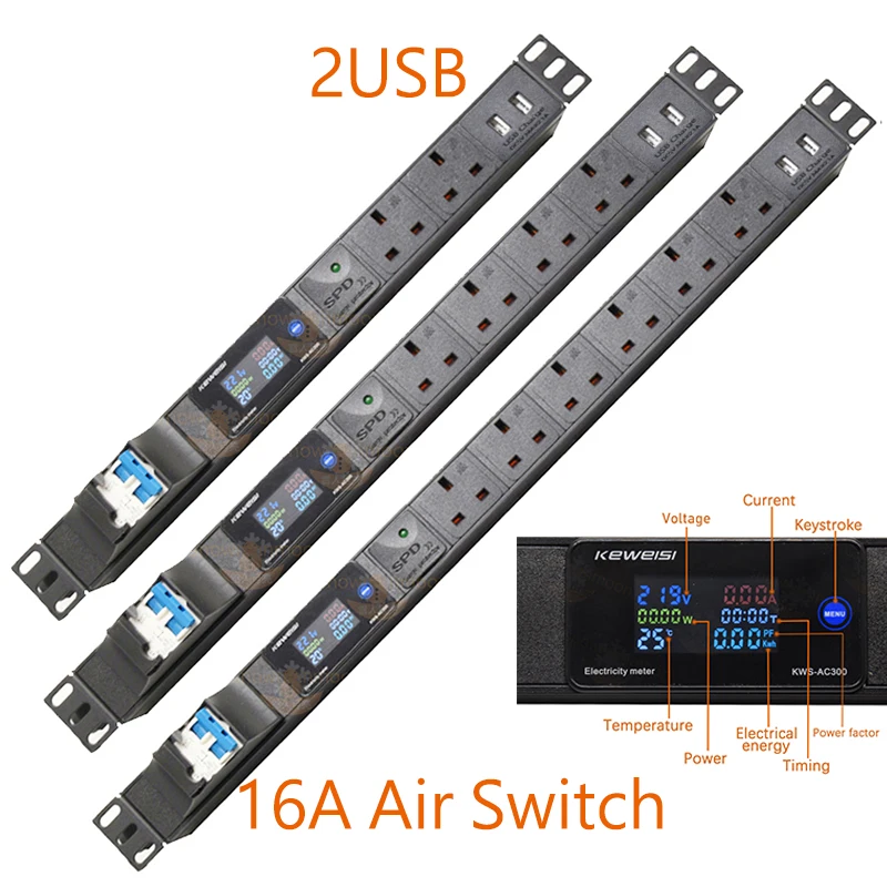 Cabinet Mount PDU Power Distribution 2-5Way 3Pin UK Socket 2USB Ports Display Voltmeter Ammeter Wattmeter Surge protector