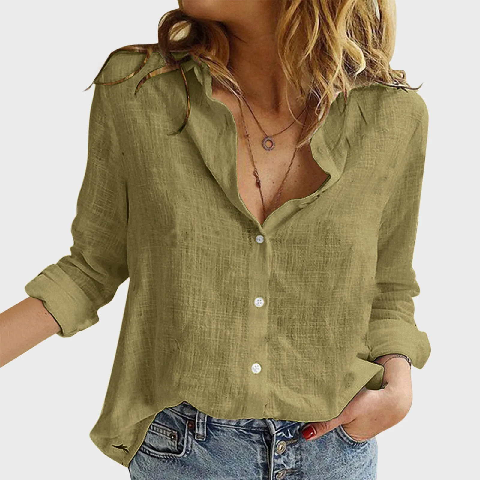 Solid Colour Shirt Women\'s Shirt Casual Loose Long Sleeve Shirt Blouse Fashion Korean V Neck Button Versatile Tops Blouse