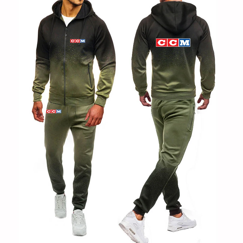 

2025 Spring Autumn CCM Print Fashion Gradient Color Sports Sets Men's Trendy Hooded Sweatshirt+Casual Drawstring Sweatpant Suits
