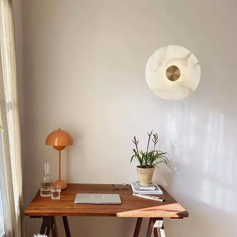 Art Deco Round LED Wall Sconce Natural Marble Brass