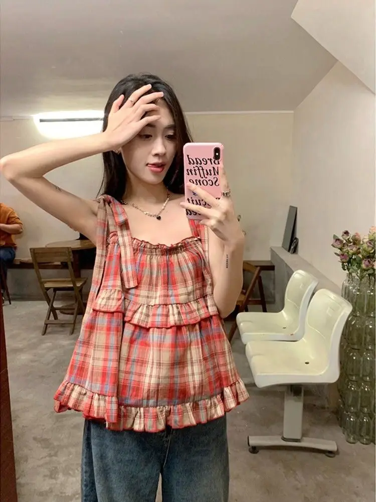 Cute Plaid Doll irt ort Vest Sweet Cool Dstring Rope Square Collar Girl's Faion Retro Sle Spring Season Loose Fit