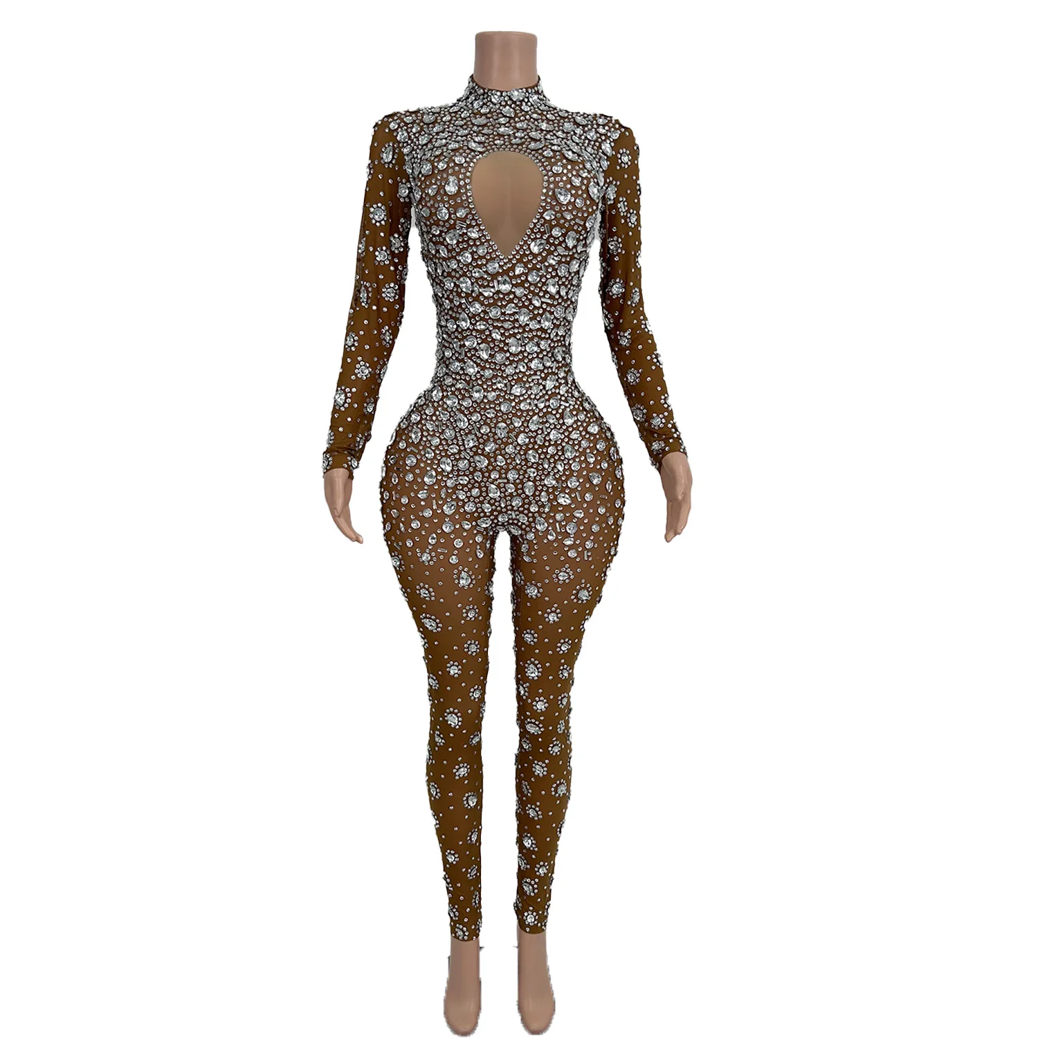 Cuican sexy strass mesh doorzichtige jumpsuit prestatie kostuum vrouwen bodycon club verjaardagsfeestje bodysuit dans podiumkleding