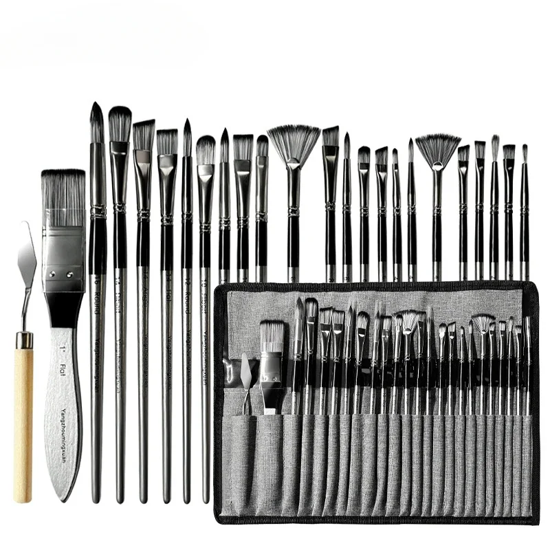 24 Pcs Nylon Brush Set Paint Brush Set with Brush Holder Palette Knife for Acrylic Gouache Canvas Pen Curtain Oil Painting Pen
