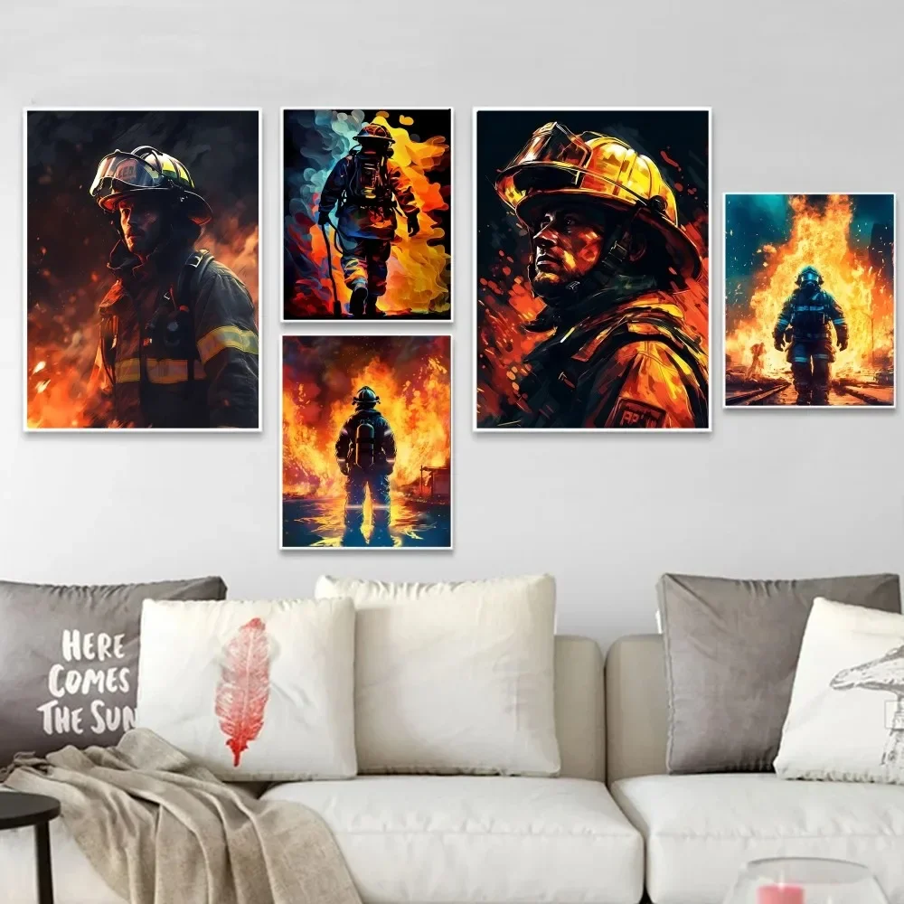 1pc Colorful Firefighter Fire Flame Human Hero Portrait Poster Stickers Art Wall Murals Decor Game Room Decor Gifts Kawaii HD