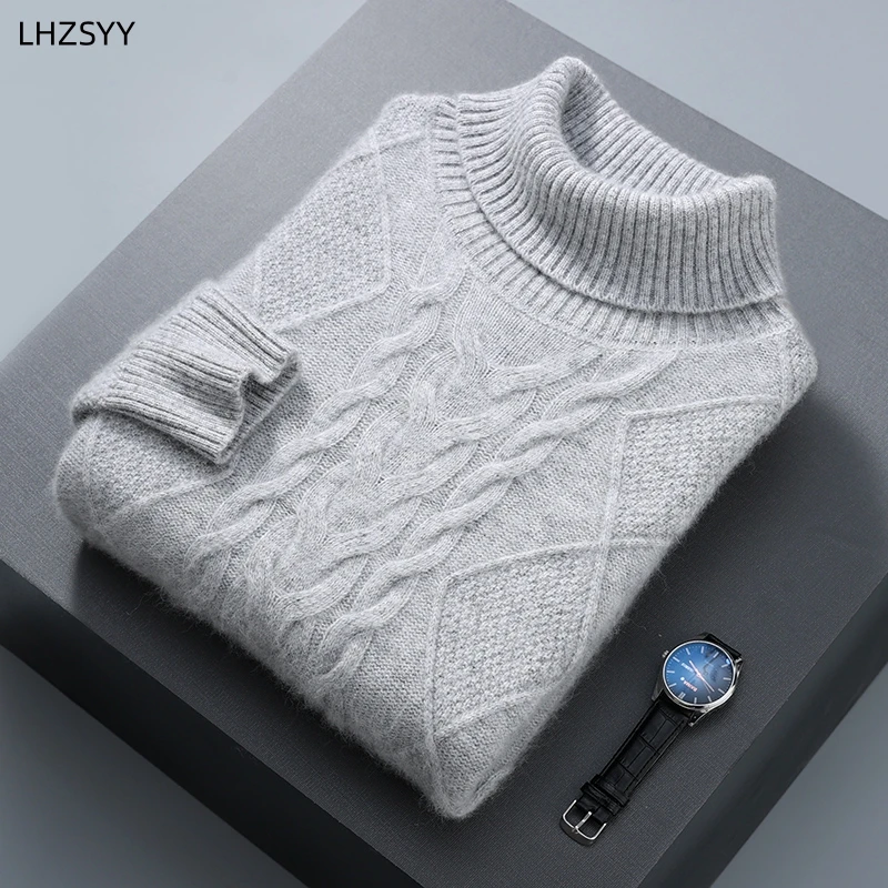 LHZSYY Men\' 100%Pure Mink Cashmere Sweater Autumn Winter Lapel Knit Pullovers Thick Plus Size Base Shirt Fashion Warm Jacket Top