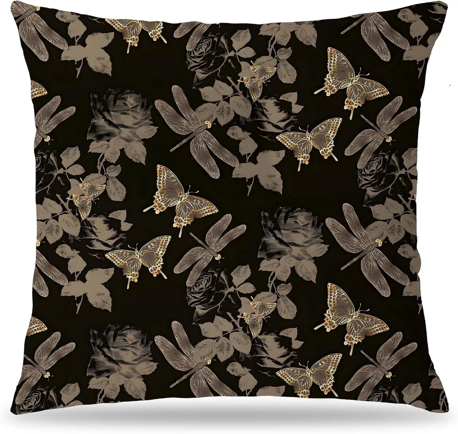Dark Gold Elegant Butterfly Pillow Covers 18x18 Double-Sided, Butterfly Room Home Decor, Vintage Cottagecore Moth and Dragonfly