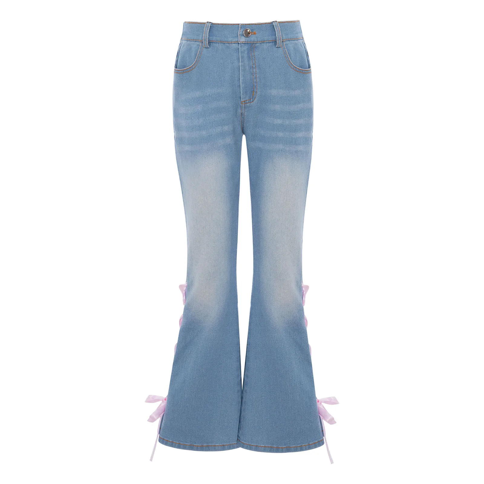 أطفال بنات متوهج الجينز السراويل الجانبين شق الذاتي التعادل مرونة الخصر جرس أسفل الدنيم السراويل مع جيوب ملابس كاجوال بنطلون #4