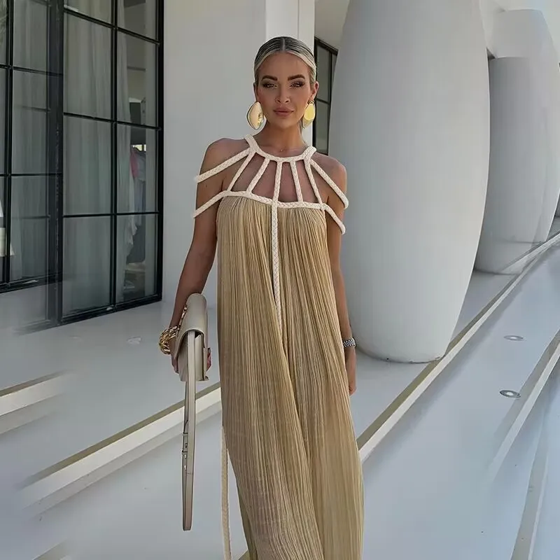 

Summer Vacation Women Sexy Crochet Cut Off Shoulder Backless Halter Beach Dress Loose Sleeveless Backless Party