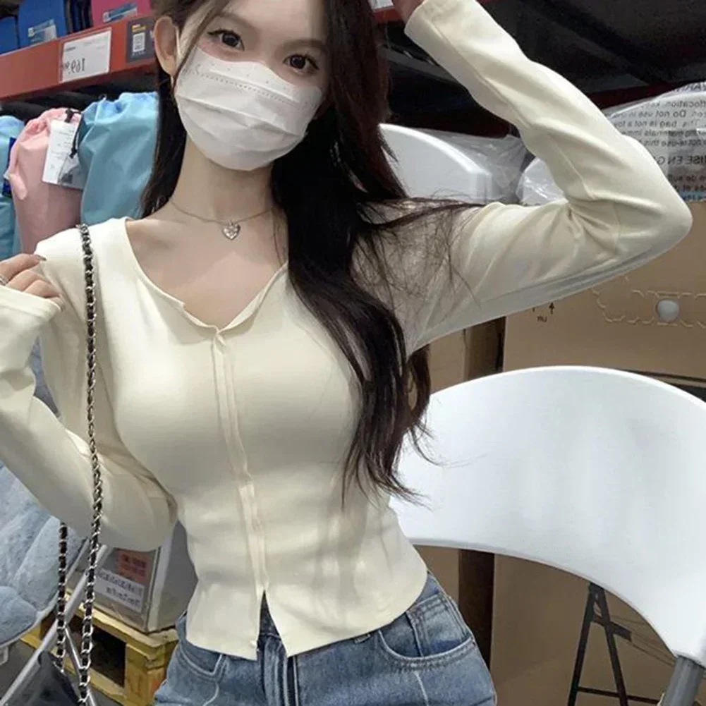 

Apricot Cropped Long Sleeve Shirt Autumn Winter Slim Fit Shirt Autumn Clothing Moderate Elasticity Solid Color Pattern