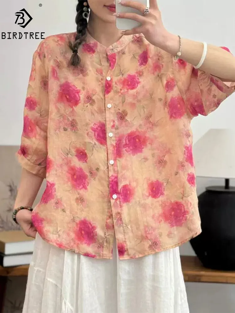 

New Summer Ramie 3/4 Sleeve Shirts Stand Neck Floral Printed Tops Mori Girl Sweet Casual Loose Blouses 2024 Autumn T46970QM